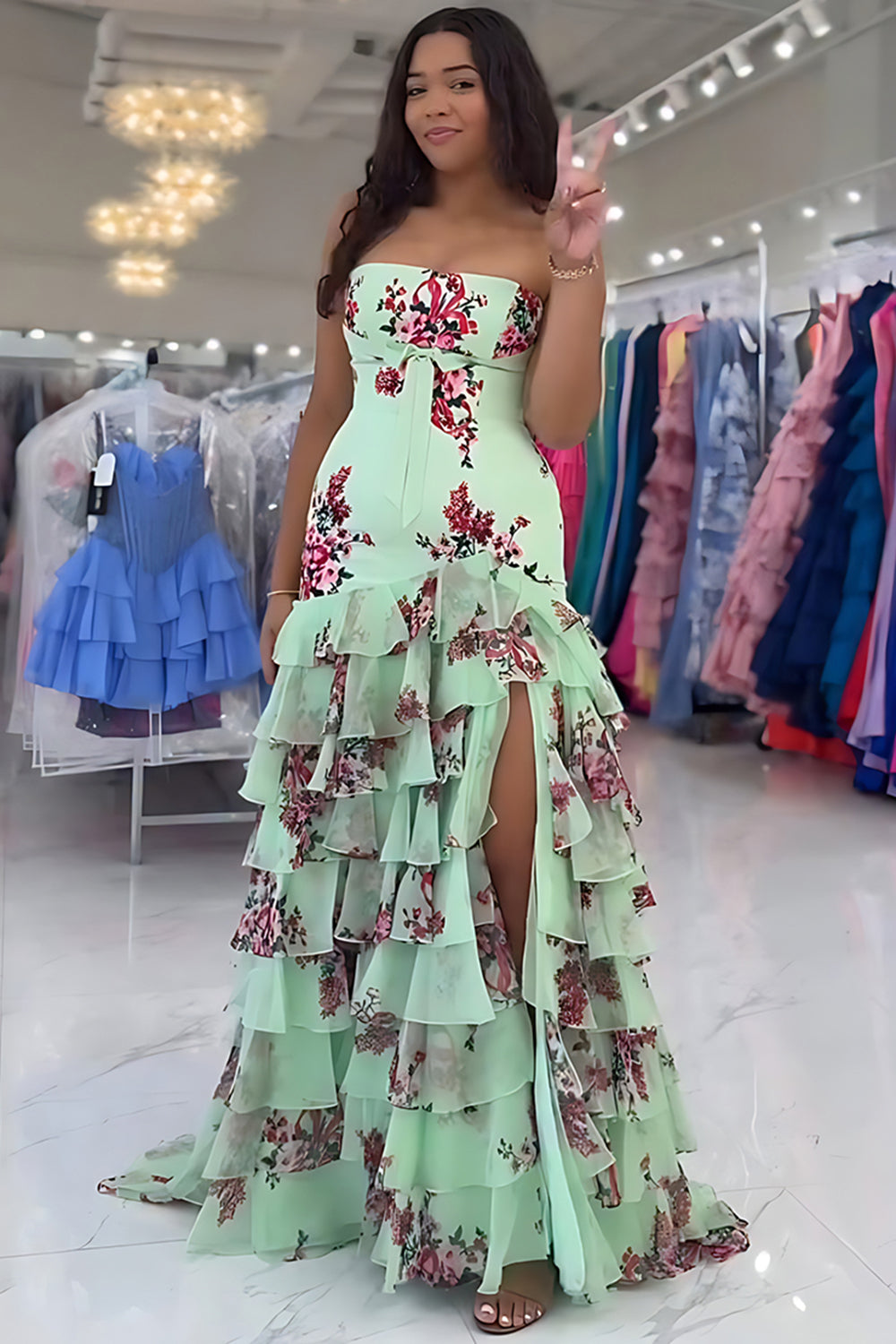 Floral Green Strapless Mermaid Tiered Long Prom Dress with Slit