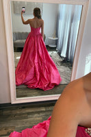 Load image into Gallery viewer, Sparkly Red Satin Strapless Ball Gown Maxi Corset Prom Dress with Beading