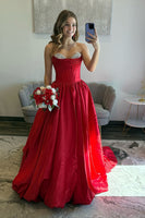 Load image into Gallery viewer, Sparkly Red Satin Strapless Ball Gown Maxi Corset Prom Dress with Beading