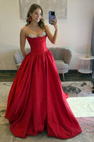 Load image into Gallery viewer, Sparkly Red Satin Strapless Ball Gown Maxi Corset Prom Dress with Beading