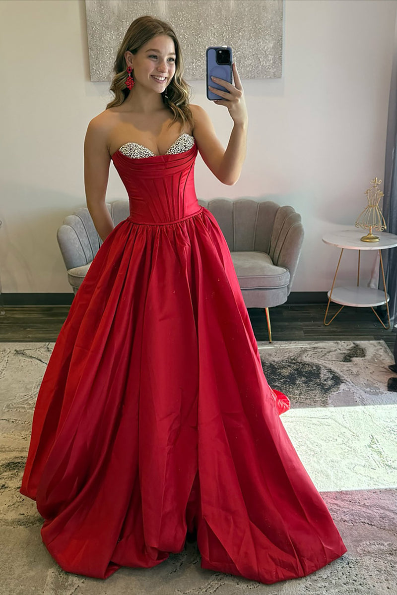 Load image into Gallery viewer, Sparkly Red Satin Strapless Ball Gown Maxi Corset Prom Dress with Beading