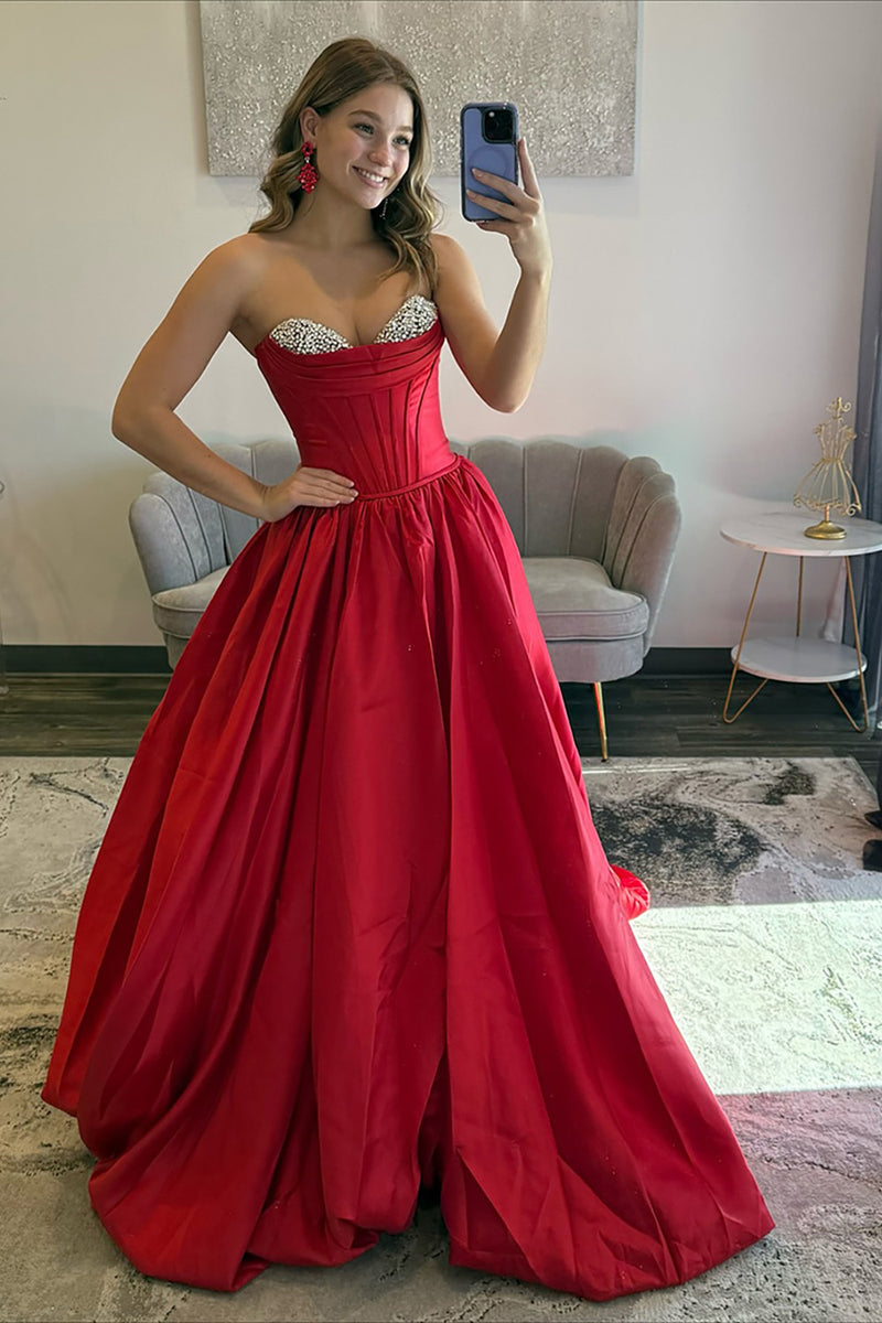 Load image into Gallery viewer, Sparkly Red Satin Strapless Ball Gown Maxi Corset Prom Dress with Beading