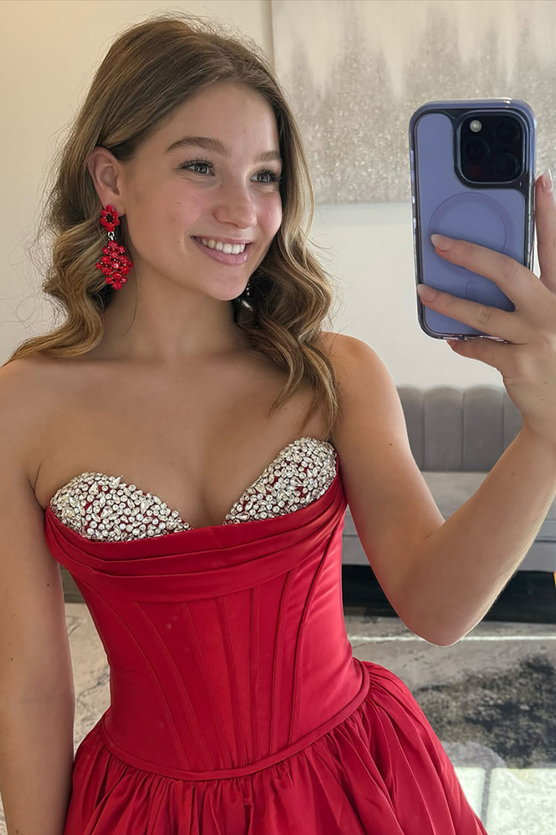 Load image into Gallery viewer, Sparkly Red Satin Strapless Ball Gown Maxi Corset Prom Dress with Beading