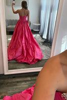 Load image into Gallery viewer, Sparkly Red Satin Strapless Ball Gown Maxi Corset Prom Dress with Beading