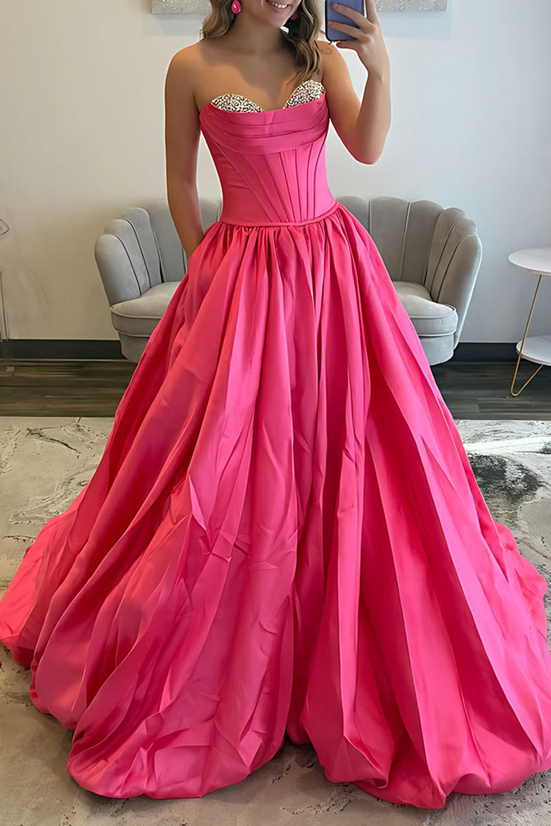 Load image into Gallery viewer, Sparkly Red Satin Strapless Ball Gown Maxi Corset Prom Dress with Beading