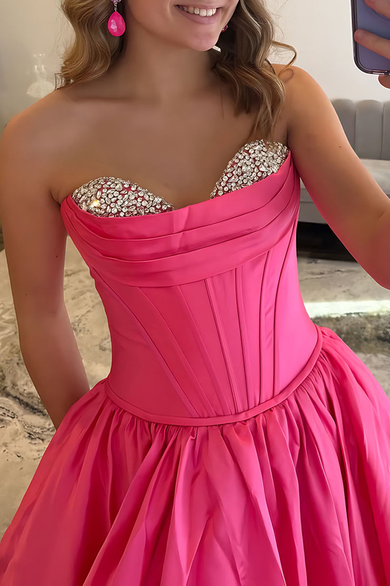 Load image into Gallery viewer, Sparkly Red Satin Strapless Ball Gown Maxi Corset Prom Dress with Beading