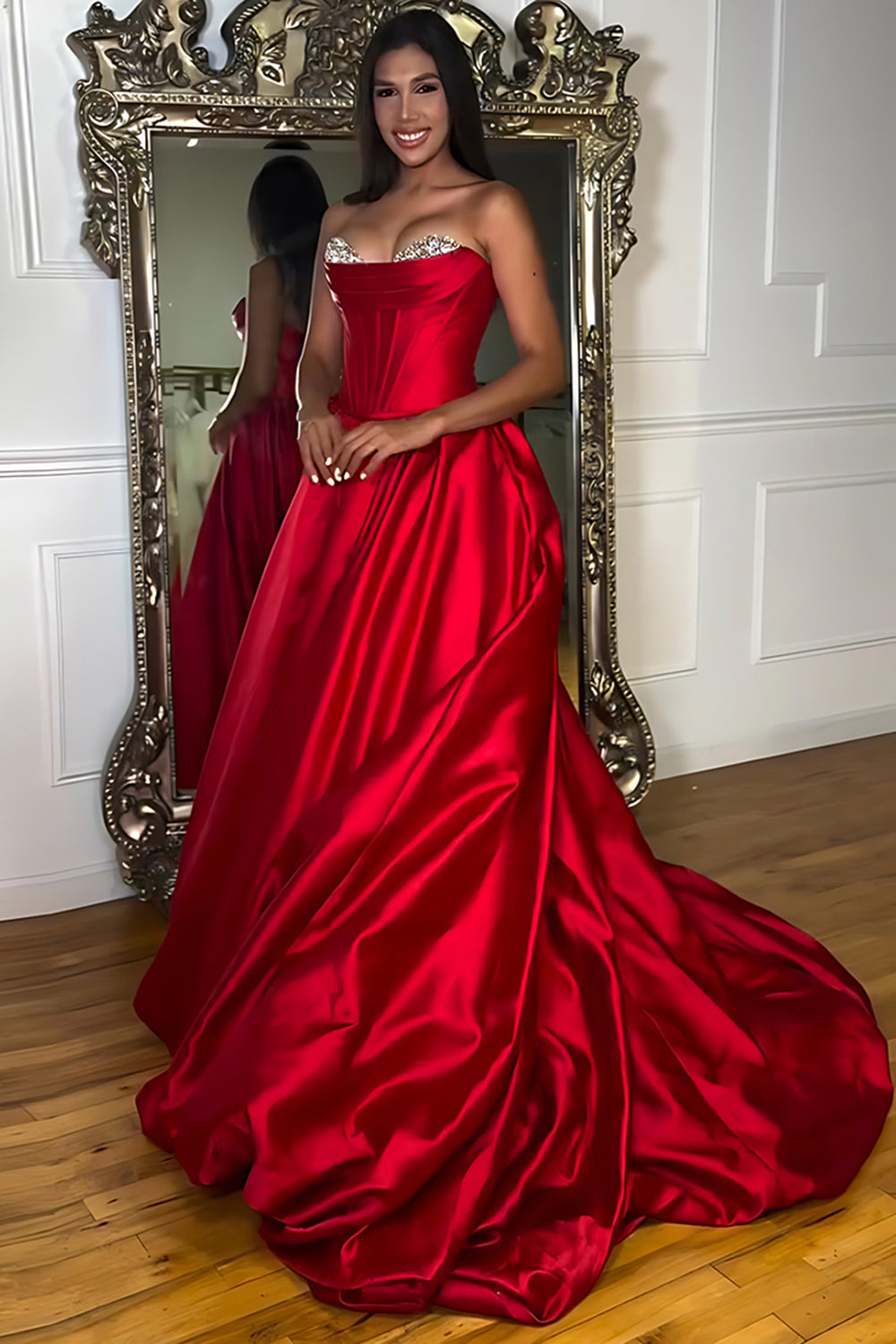 Sparkly Red Satin Strapless Ball Gown Maxi Corset Prom Dress with Beading