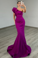 Load image into Gallery viewer, Dark Purple One Shoulder Mermaid Satin Long Prom Dress