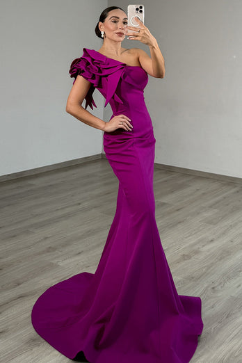 Dark Purple One Shoulder Mermaid Satin Long Prom Dress