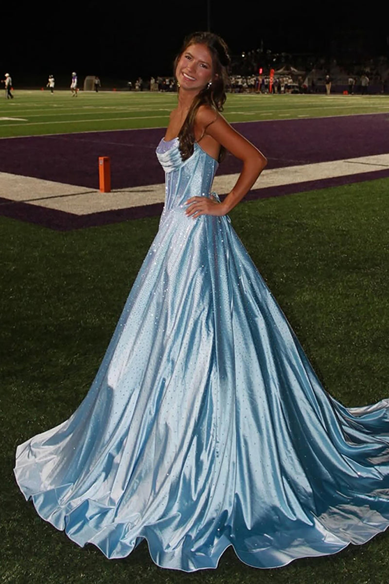 Load image into Gallery viewer, Sparkly Black Strapless A Line Long Corset Prom Dress with Beading