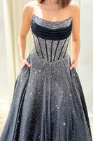Load image into Gallery viewer, Sparkly Black Strapless A Line Long Corset Prom Dress with Beading