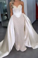 Load image into Gallery viewer, Sparkly White Satin Sweetheart Mermaid Long Corset Prom Dress with Cape