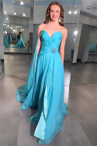 Blue Sweetheart Chiffon A Line Long Prom Dress with Side Cape