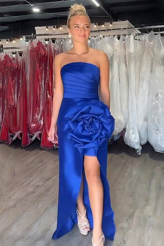 Royal Blue Sheath Strapless Satin Long Prom Dress with 3D Flower