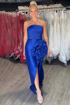 Royal Blue Sheath Strapless Satin Long Prom Dress with 3D Flower