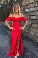 Load image into Gallery viewer, Red Cold Shoulder Ruffled Maxi Corset Prom Dress with Slit
