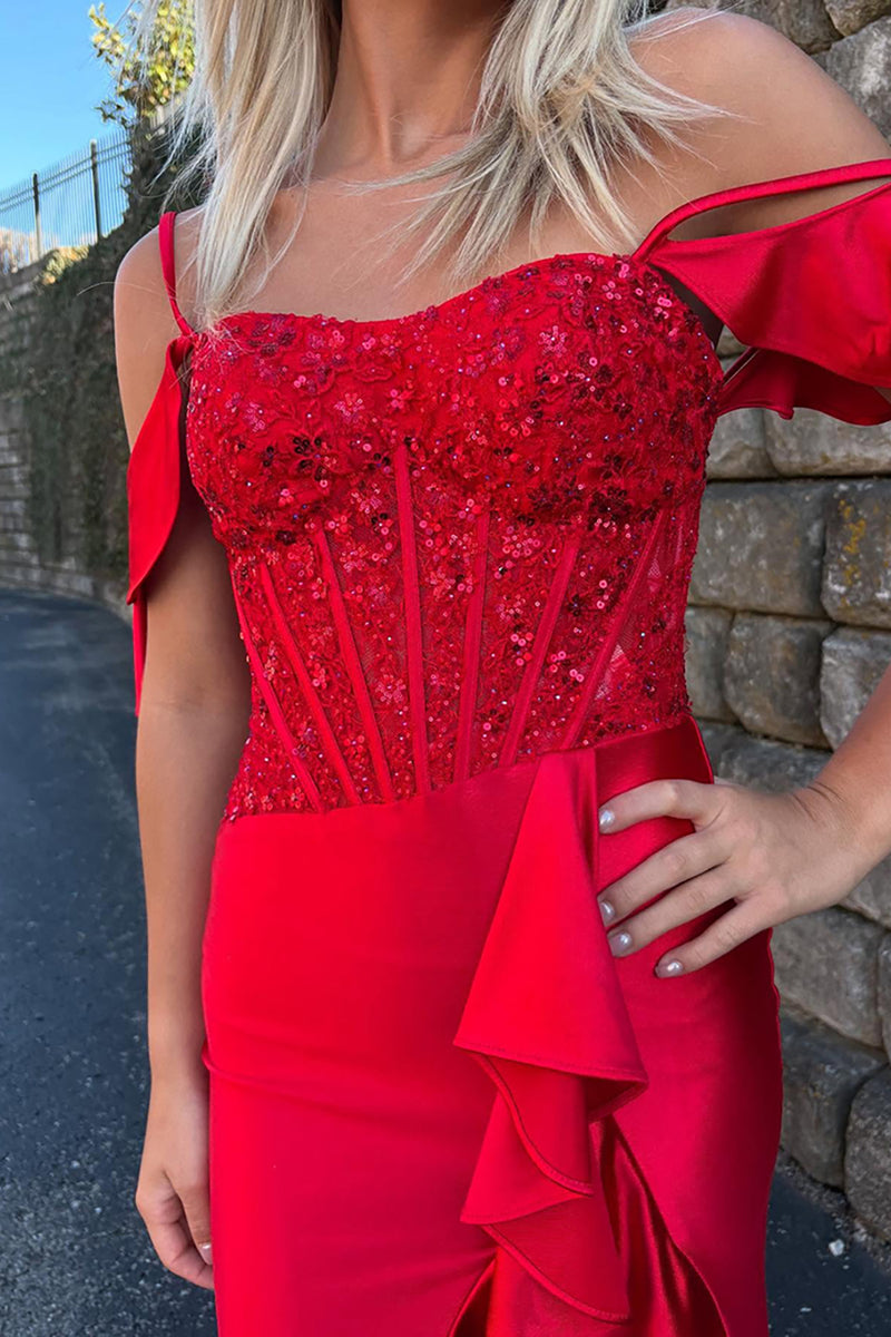 Load image into Gallery viewer, Red Cold Shoulder Ruffled Maxi Corset Prom Dress with Slit