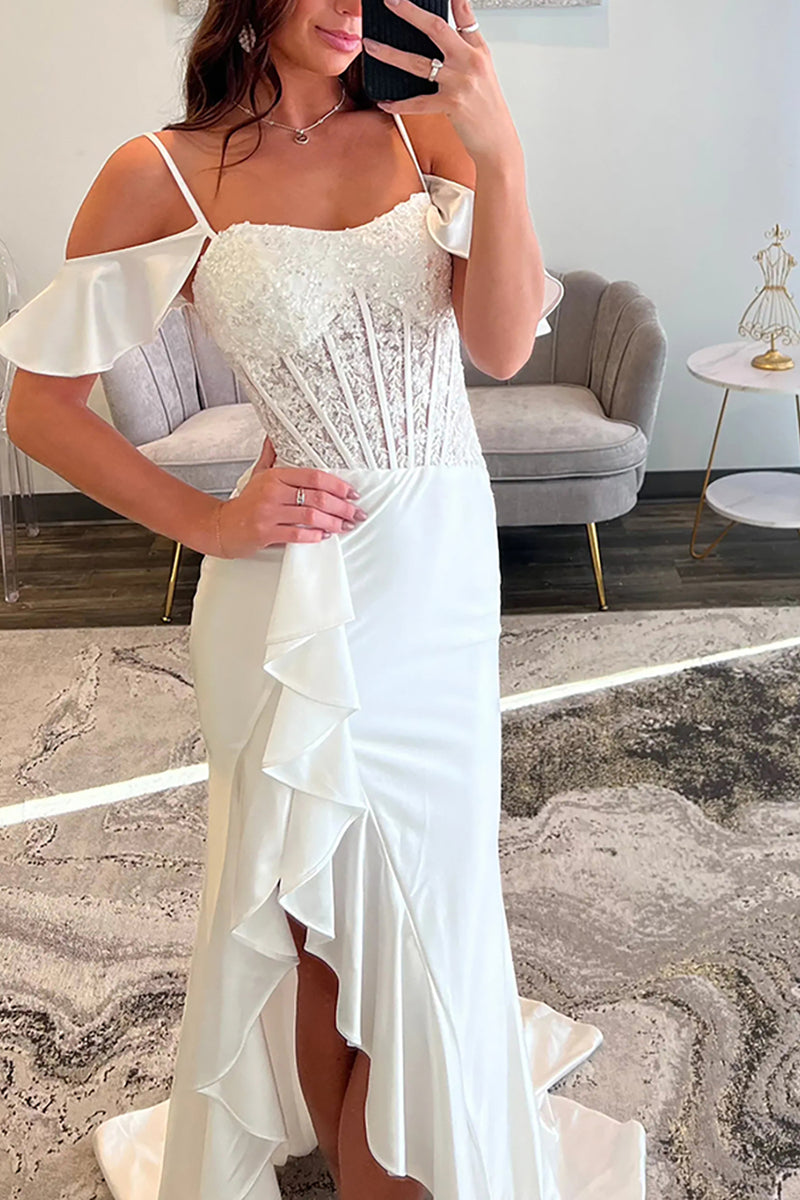 Load image into Gallery viewer, Red Cold Shoulder Ruffled Maxi Corset Prom Dress with Slit