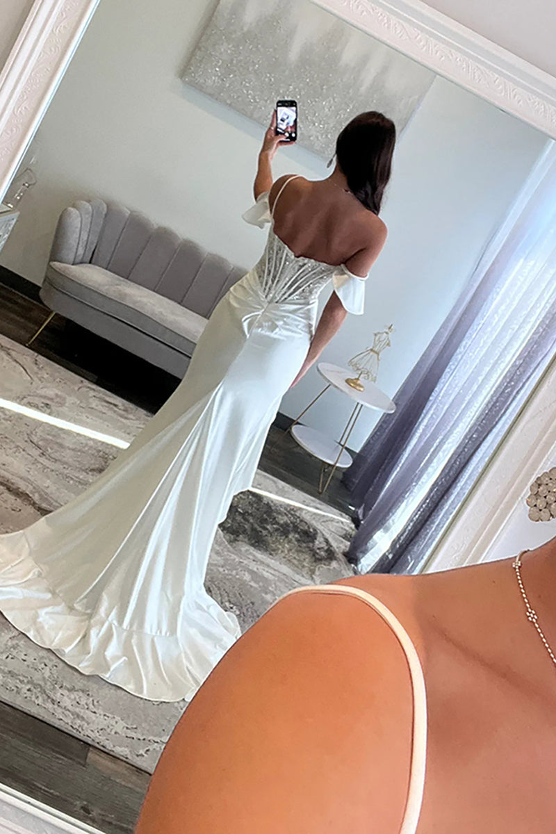 Load image into Gallery viewer, Red Cold Shoulder Ruffled Maxi Corset Prom Dress with Slit