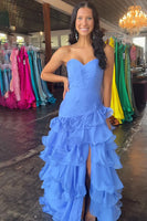 Load image into Gallery viewer, Blue Sweetheart A Line Tiered Ruffled Maxi Prom Dress with Slit