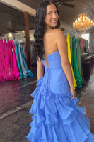 Load image into Gallery viewer, Blue Sweetheart A Line Tiered Ruffled Maxi Prom Dress with Slit