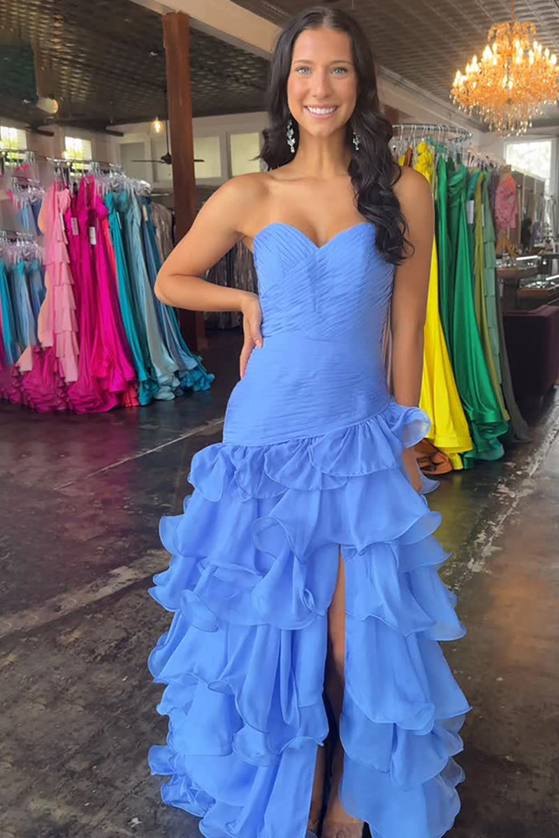 Load image into Gallery viewer, Blue Sweetheart A Line Tiered Ruffled Maxi Prom Dress with Slit
