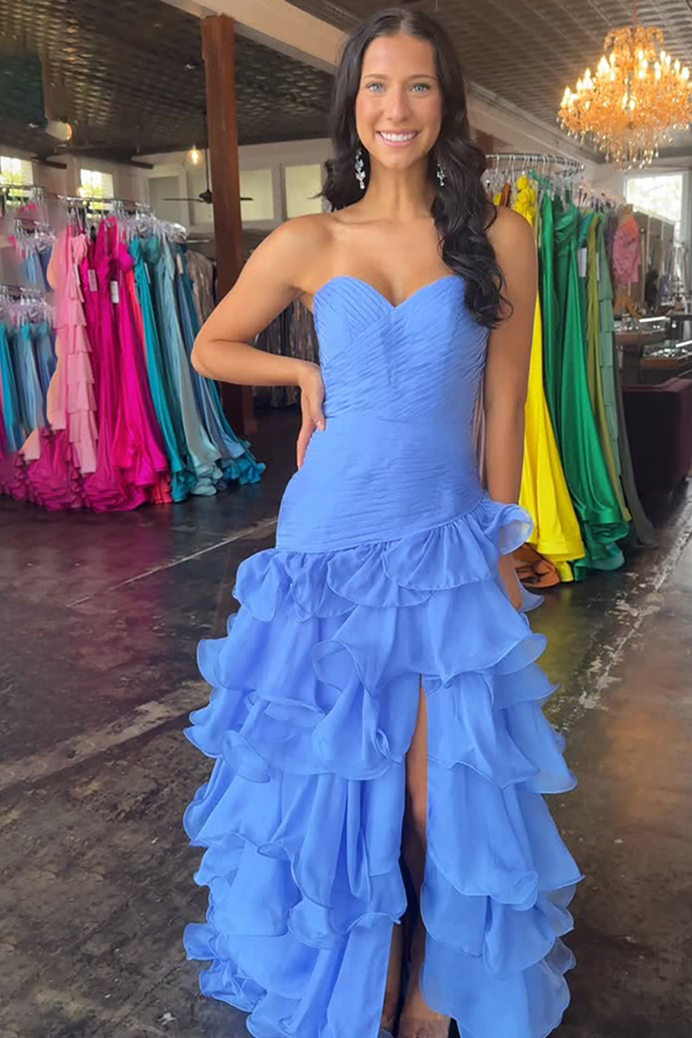 Blue Sweetheart A Line Tiered Ruffled Maxi Prom Dress with Slit