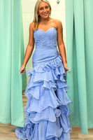 Load image into Gallery viewer, Blue Sweetheart A Line Tiered Ruffled Maxi Prom Dress with Slit