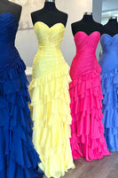 Load image into Gallery viewer, Blue Sweetheart A Line Tiered Ruffled Maxi Prom Dress with Slit