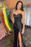 Load image into Gallery viewer, Sparkly Black Sweetheart Beaded Corset Maxi Prom Dress with Slit