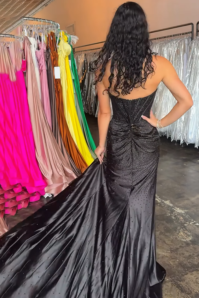 Load image into Gallery viewer, Sparkly Black Sweetheart Beaded Corset Maxi Prom Dress with Slit