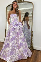 Load image into Gallery viewer, Purple Floral A Line Sweetheart Long Prom Dress with Bow