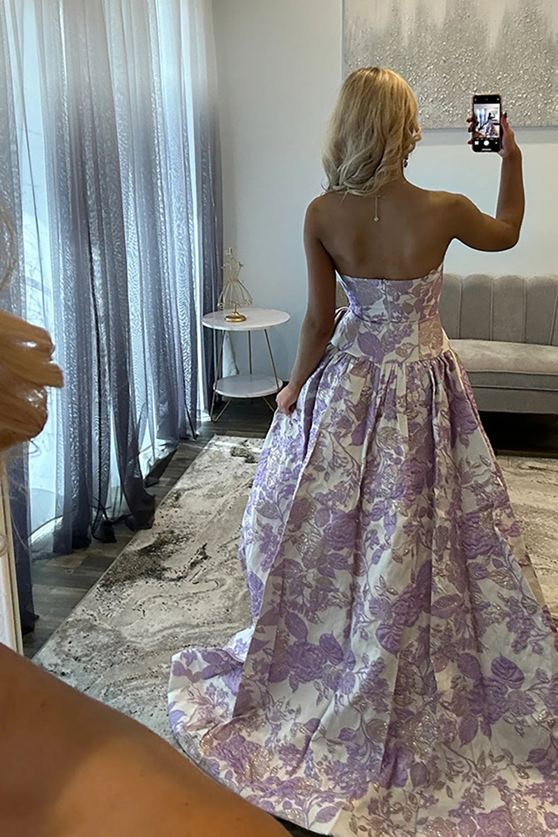 Load image into Gallery viewer, Purple Floral A Line Sweetheart Long Prom Dress with Bow