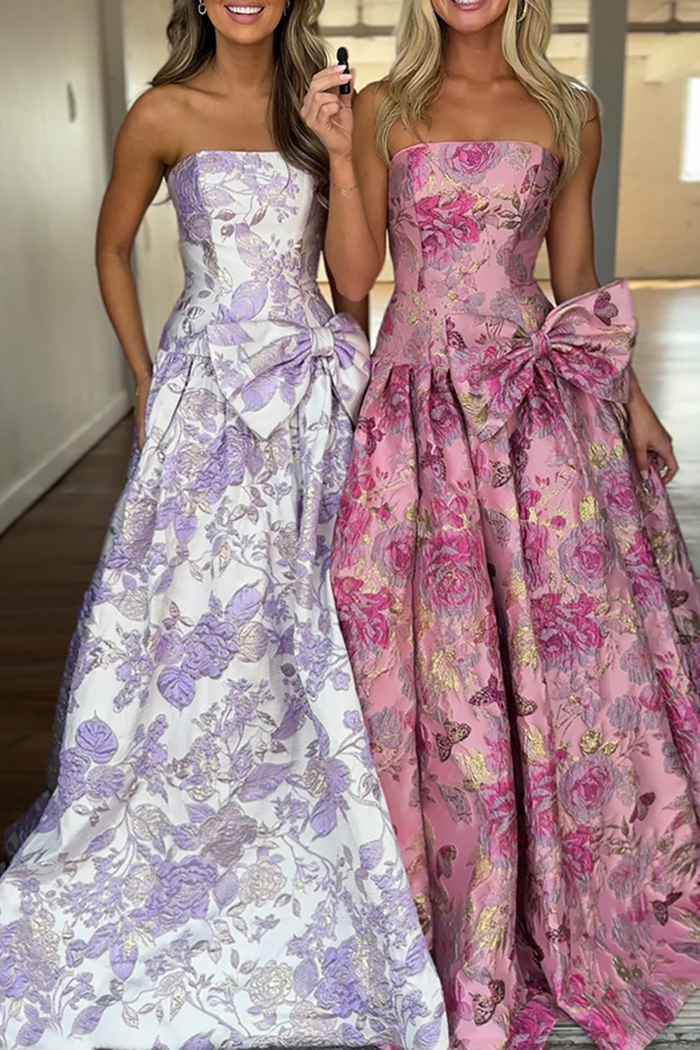 Purple Floral A Line Sweetheart Long Prom Dress with Bow
