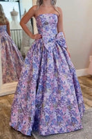Load image into Gallery viewer, Purple Floral A Line Sweetheart Long Prom Dress with Bow