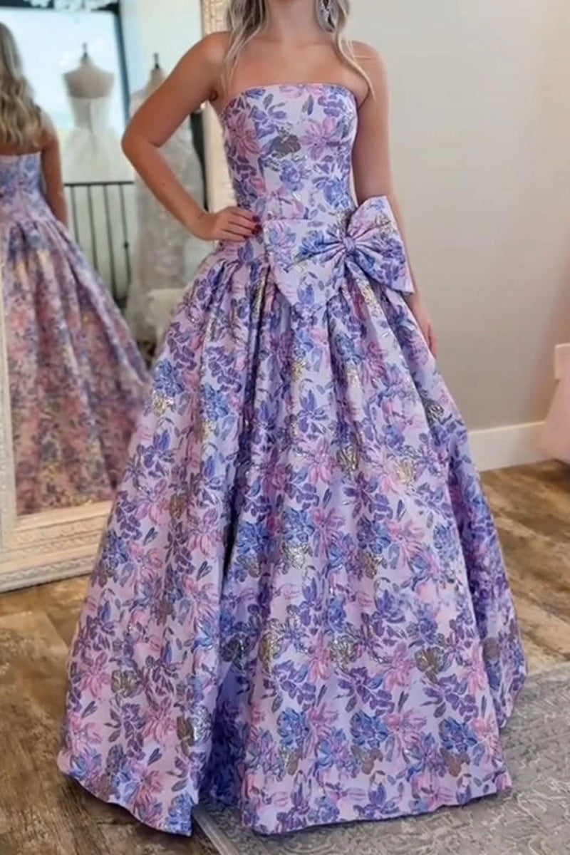 Load image into Gallery viewer, Purple Floral A Line Sweetheart Long Prom Dress with Bow