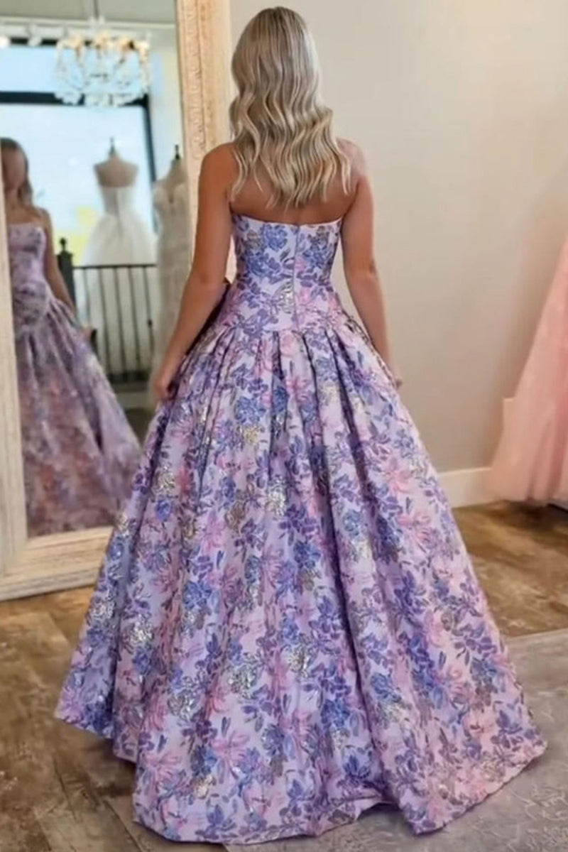 Load image into Gallery viewer, Purple Floral A Line Sweetheart Long Prom Dress with Bow