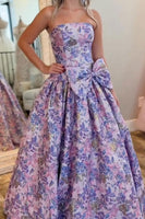 Load image into Gallery viewer, Purple Floral A Line Sweetheart Long Prom Dress with Bow
