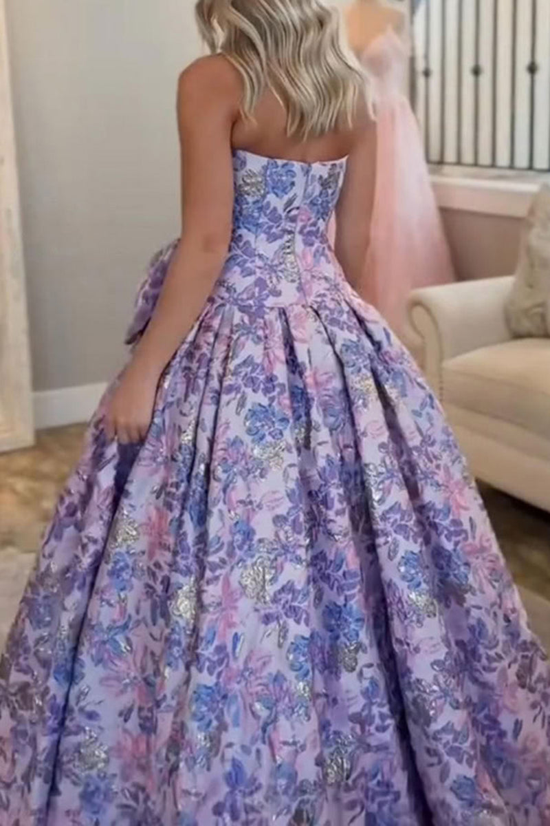 Load image into Gallery viewer, Purple Floral A Line Sweetheart Long Prom Dress with Bow