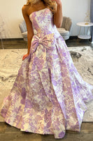 Load image into Gallery viewer, Purple Floral A Line Sweetheart Long Prom Dress with Bow