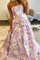 Load image into Gallery viewer, Purple Floral A Line Sweetheart Long Prom Dress with Bow
