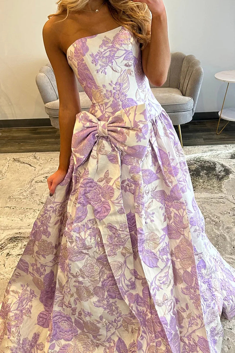 Load image into Gallery viewer, Purple Floral A Line Sweetheart Long Prom Dress with Bow