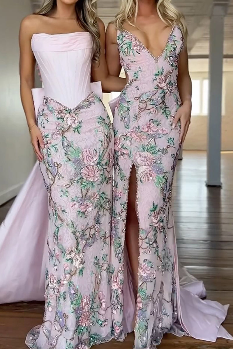 Queendancer Women Light Pink Maxi Prom Dress with Slit Floral V Neck
