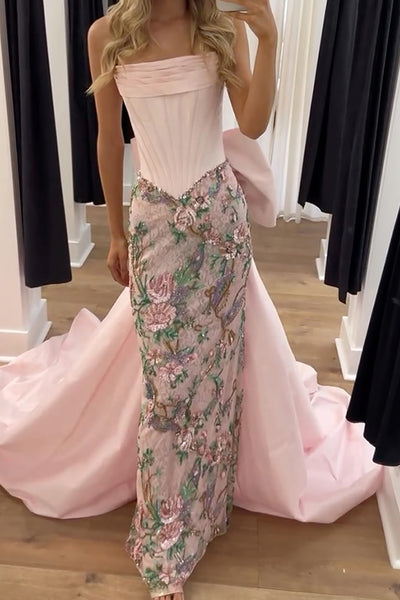 Sparkly Pink Floral Strapless Mermaid Long Corset Prom Dress with Cape
