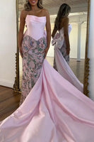 Load image into Gallery viewer, Sparkly Pink Floral Strapless Mermaid Long Corset Prom Dress with Cape