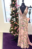 Load image into Gallery viewer, Light Pink Floral V-Neck Mermaid Long Prom Dress with Slit