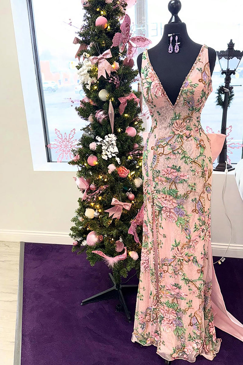 Load image into Gallery viewer, Light Pink Floral V-Neck Mermaid Long Prom Dress with Slit