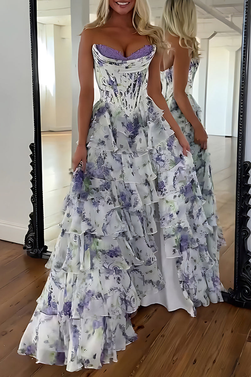 Load image into Gallery viewer, Pink Floral Strapless Ruffled Long Corset Prom Dress with Slit