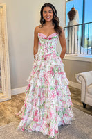Load image into Gallery viewer, Pink Floral Strapless Ruffled Long Corset Prom Dress with Slit
