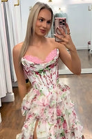 Load image into Gallery viewer, Pink Floral Strapless Ruffled Long Corset Prom Dress with Slit